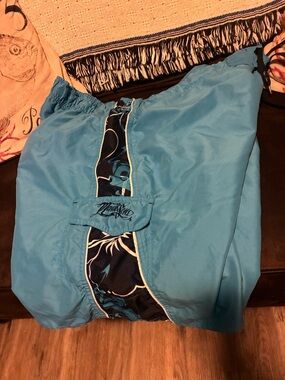 Maui and Sons Aqua Swim Trunks with Navy Floral Stripe